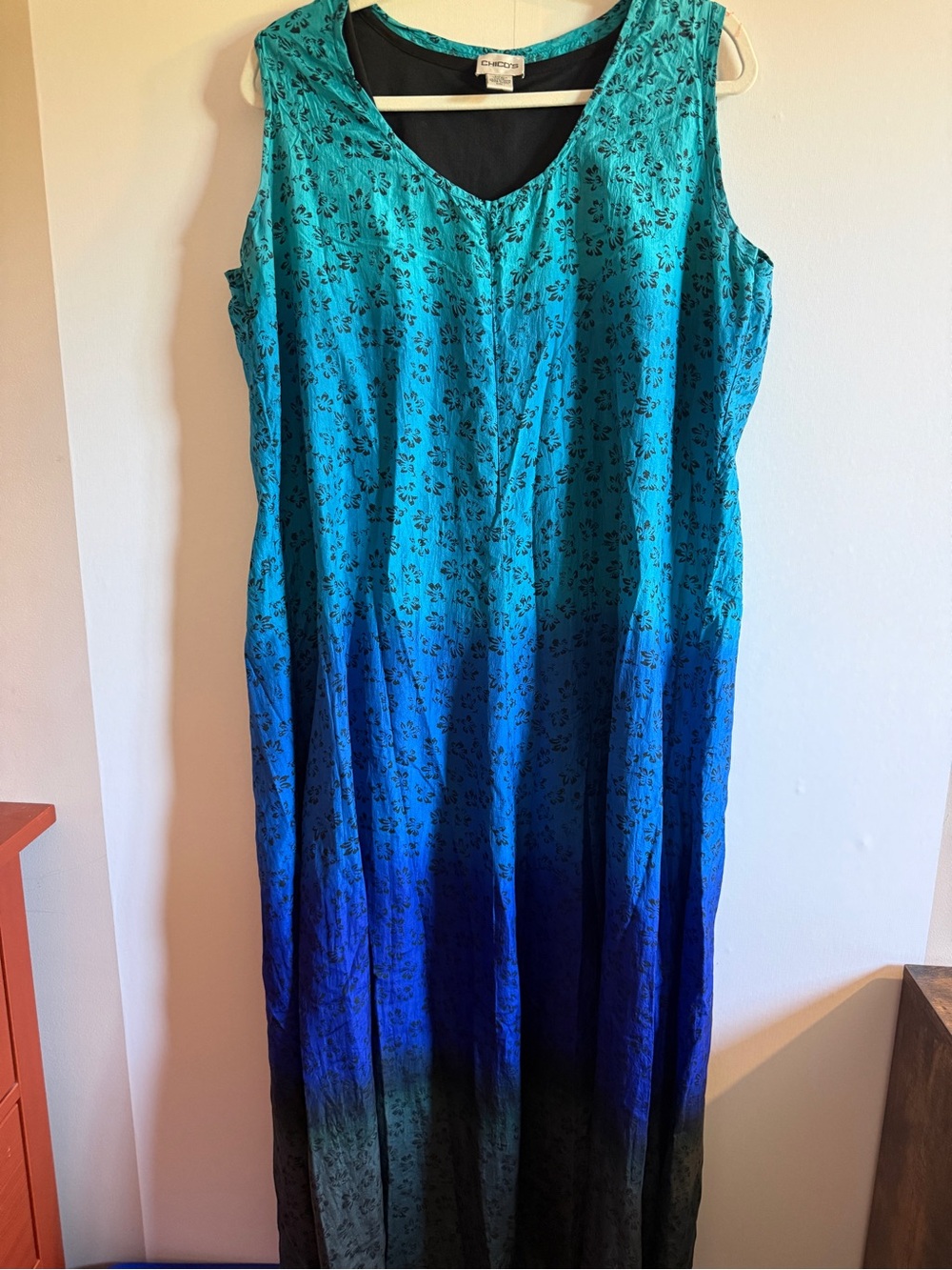 Chico’s Silk Maxi Dress Size 1 Blue Ombré Floral Sleeveless Lined